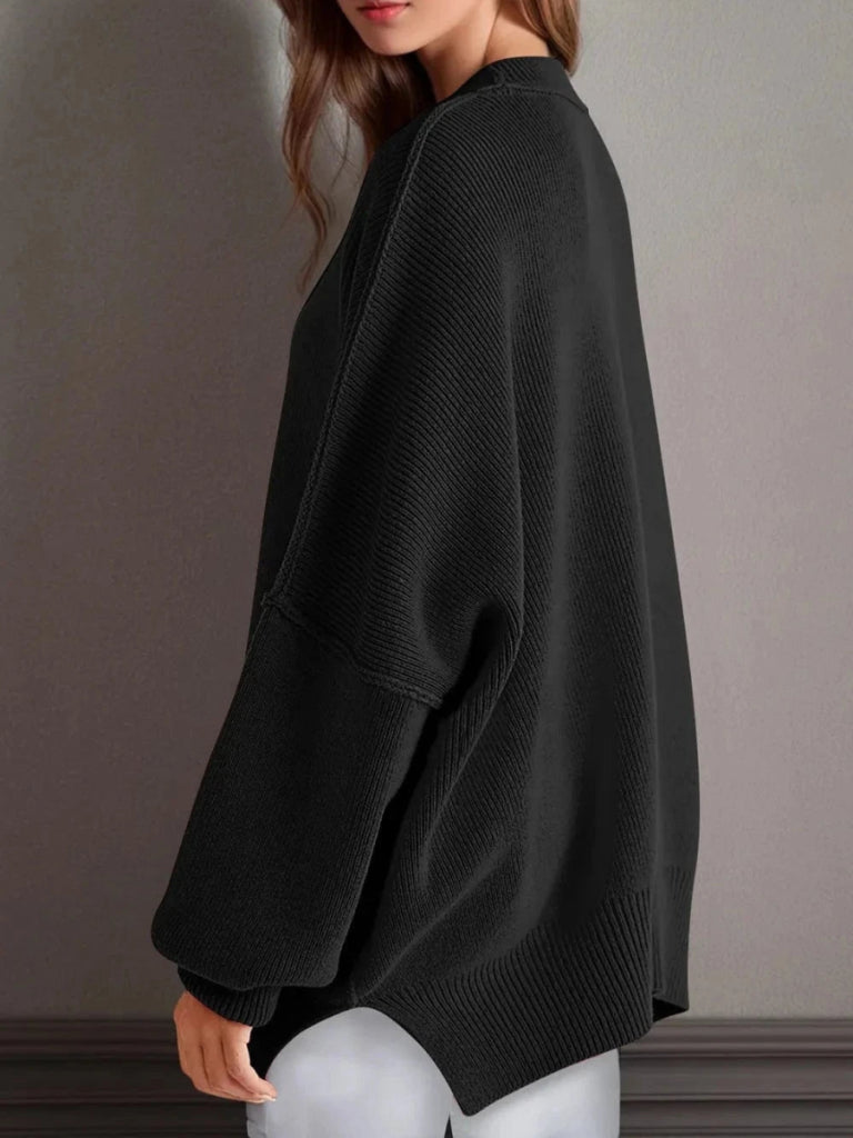 Double Take Side Slit Round Neck Long Sleeve Sweater - Black by Trendsi from FREYA’S CLOSET
