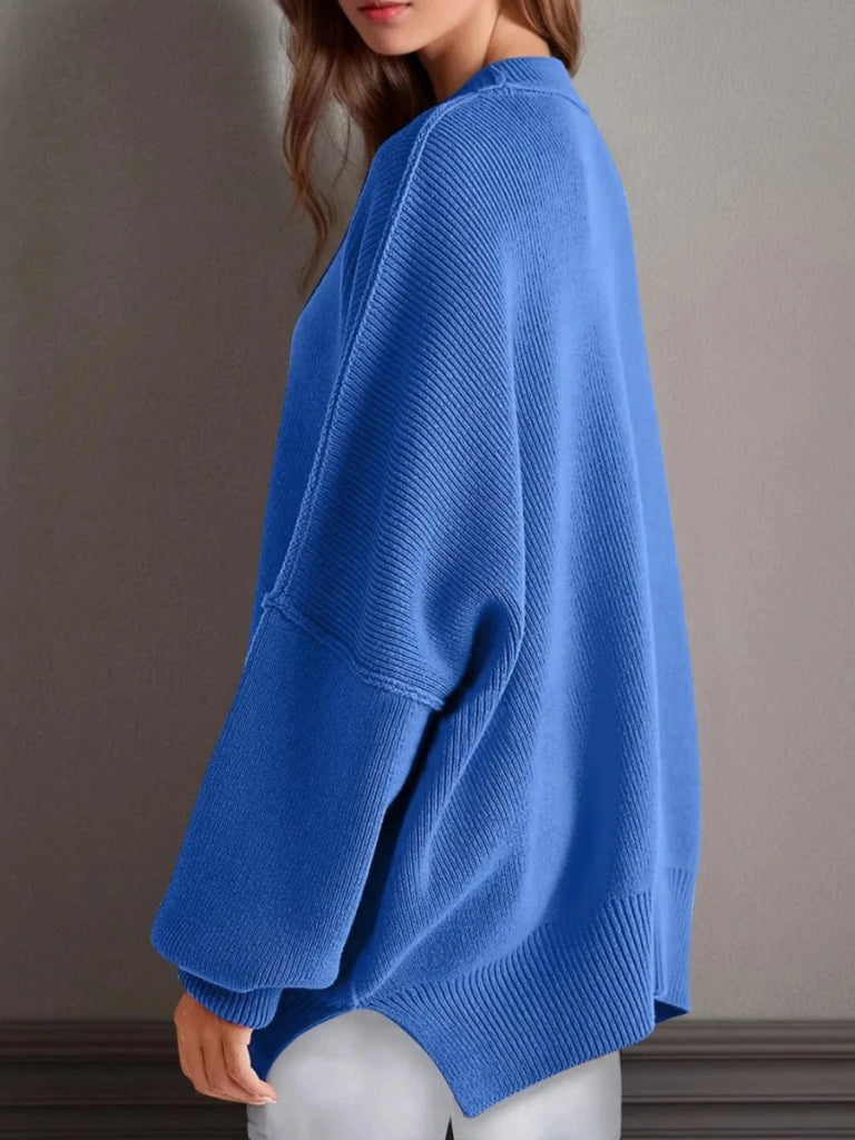 Double Take Side Slit Round Neck Long Sleeve Sweater - Royal Blue by Trendsi from FREYA’S CLOSET