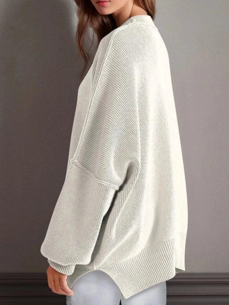 Double Take Side Slit Round Neck Long Sleeve Sweater - White by Trendsi from FREYA’S CLOSET