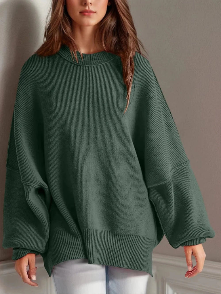 Double Take Side Slit Round Neck Long Sleeve Sweater - Moss by Trendsi from FREYA’S CLOSET