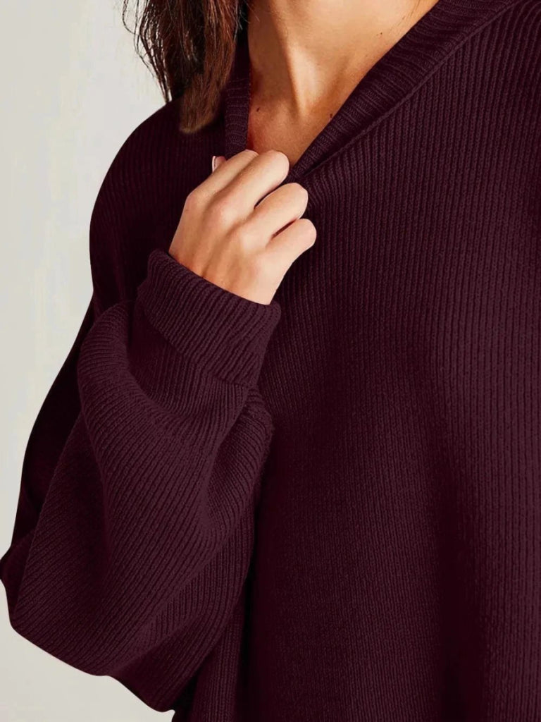 Double Take Side Slit Round Neck Long Sleeve Sweater - Burgundy by Trendsi from FREYA’S CLOSET