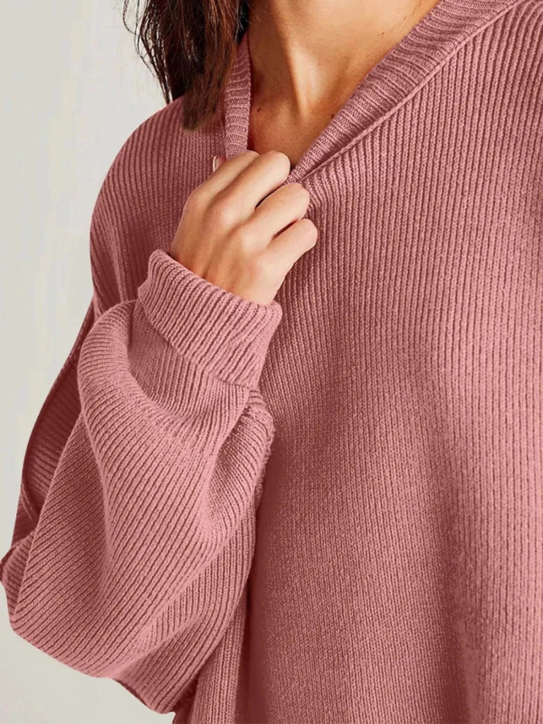 Double Take Side Slit Round Neck Long Sleeve Sweater - Dusty Pink by Trendsi from FREYA’S CLOSET