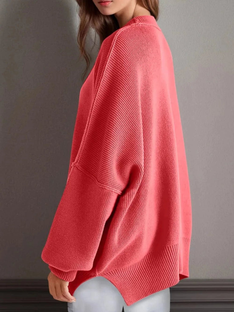 Double Take Side Slit Round Neck Long Sleeve Sweater - Strawberry by Trendsi from FREYA’S CLOSET