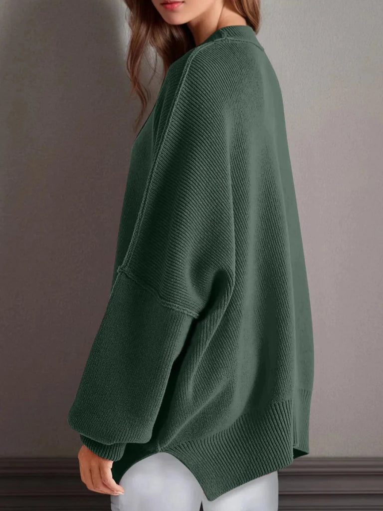 Double Take Side Slit Round Neck Long Sleeve Sweater - Moss by Trendsi from FREYA’S CLOSET