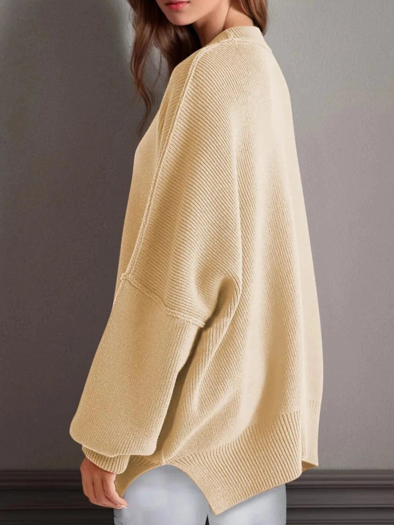 Double Take Side Slit Round Neck Long Sleeve Sweater - Pastel Yellow by Trendsi from FREYA’S CLOSET