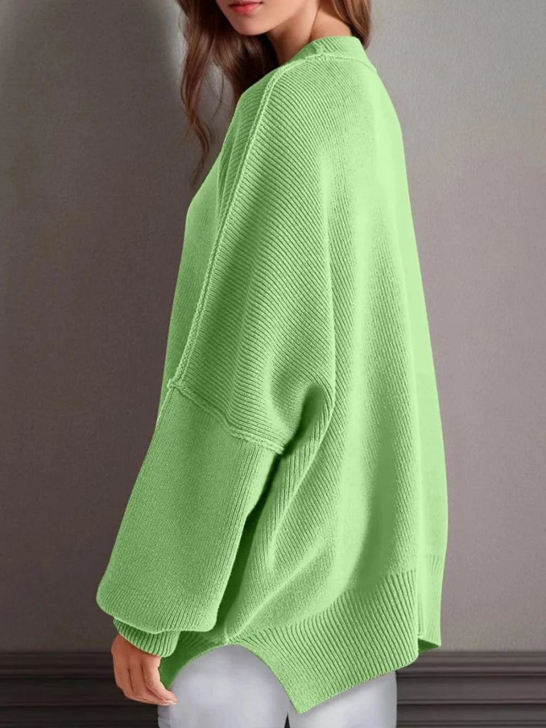 Double Take Side Slit Round Neck Long Sleeve Sweater - Lime by Trendsi from FREYA’S CLOSET