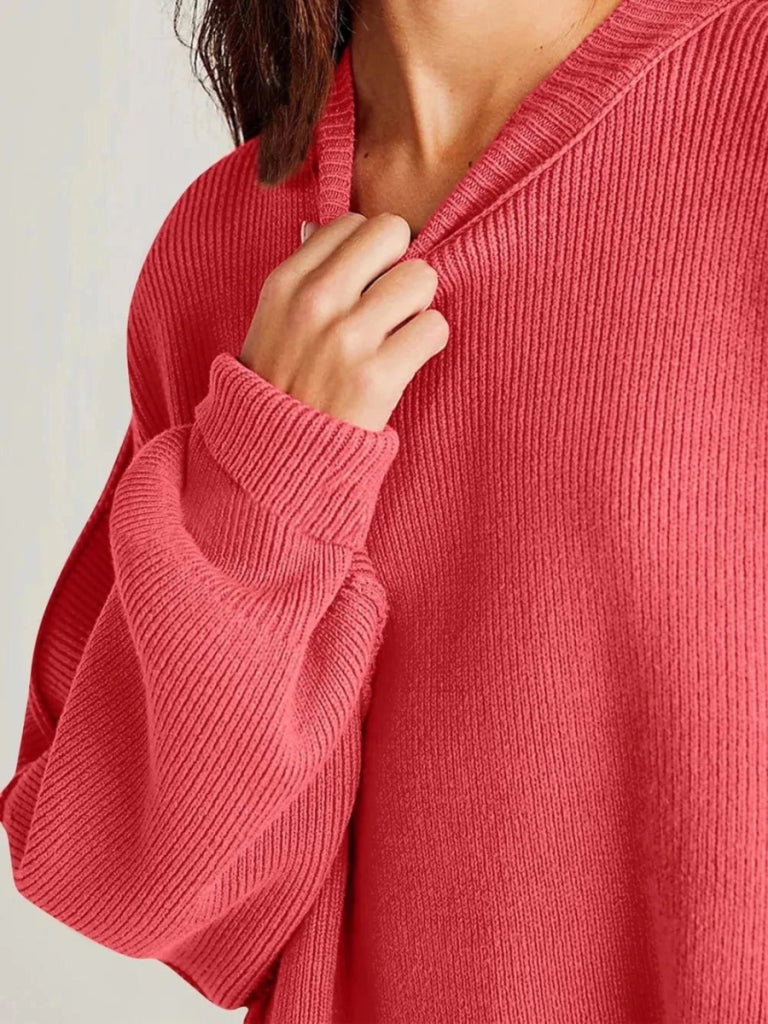 Double Take Side Slit Round Neck Long Sleeve Sweater - Strawberry by Trendsi from FREYA’S CLOSET
