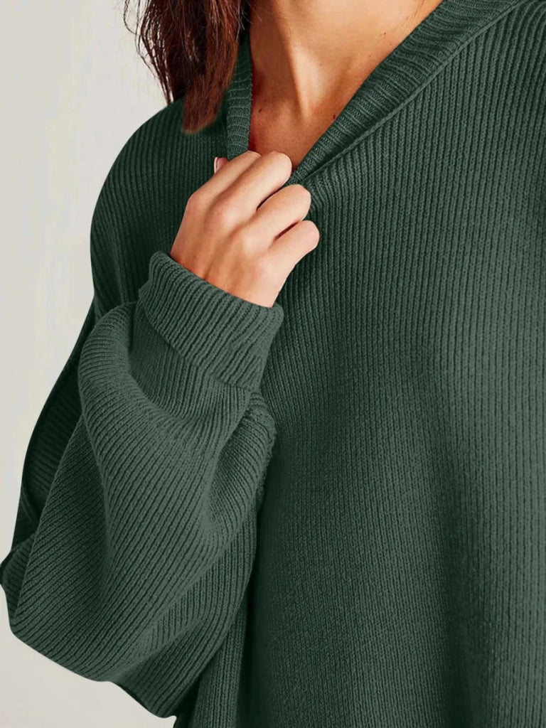 Double Take Side Slit Round Neck Long Sleeve Sweater - Moss by Trendsi from FREYA’S CLOSET