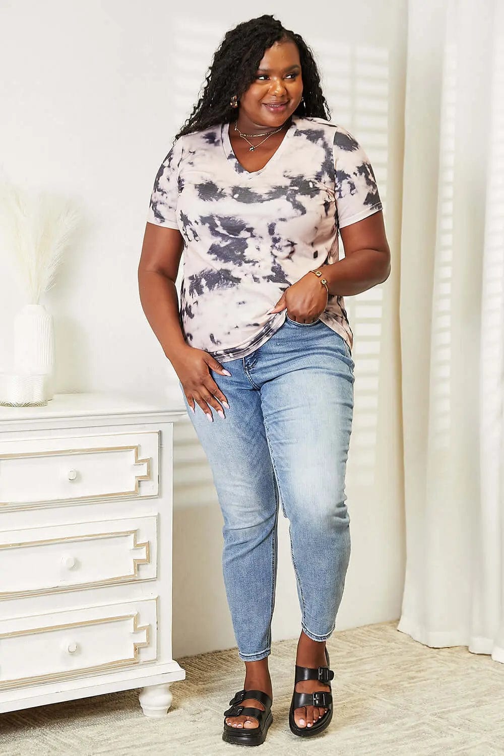 Trendsi Shirts and Blouses Double Take Tie-Dye V-Neck T-Shirt