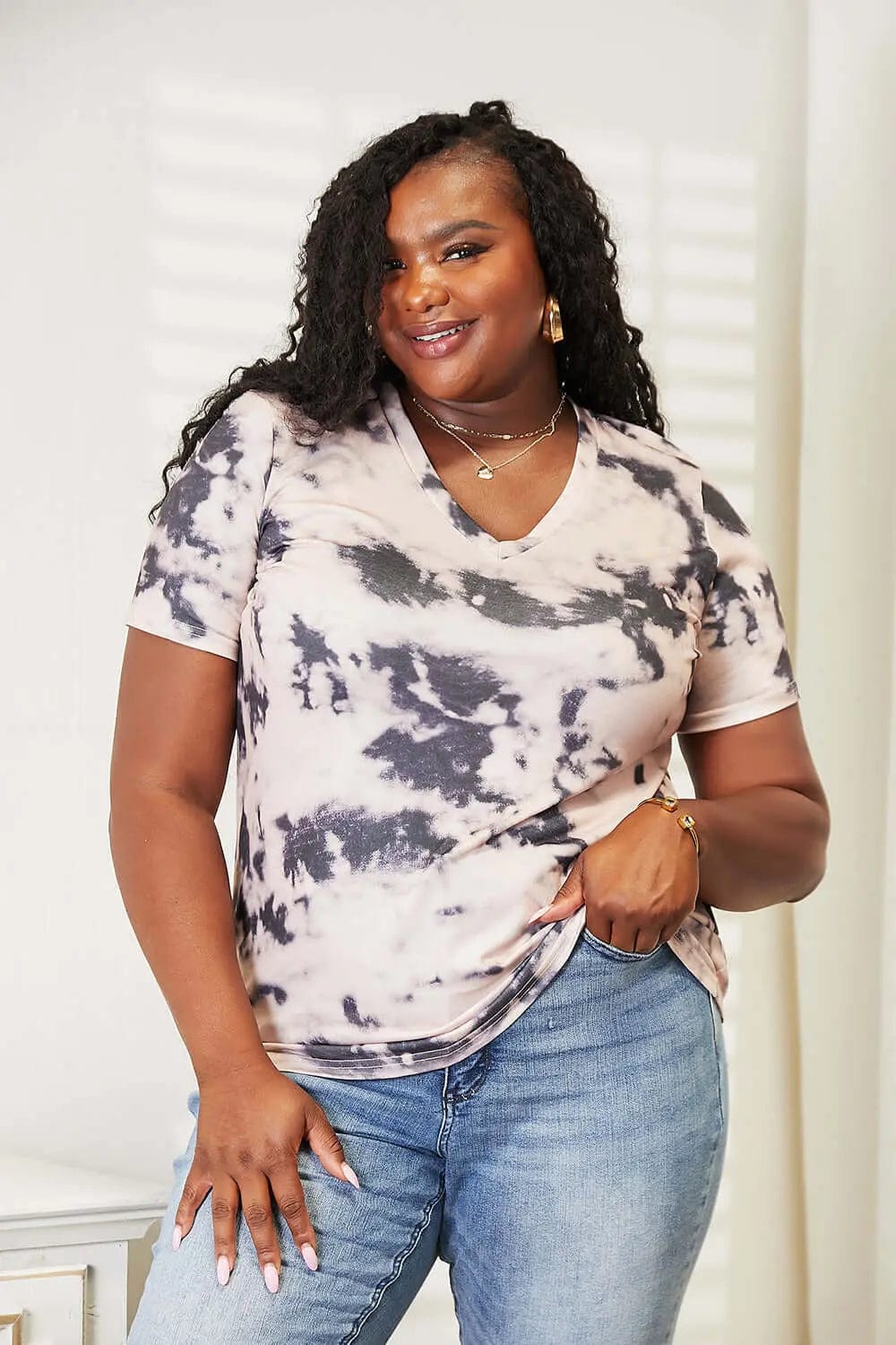 Trendsi Shirts and Blouses Double Take Tie-Dye V-Neck T-Shirt