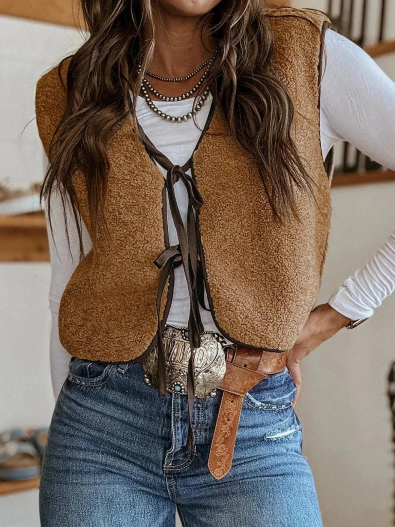 Double Tied Front Vest Coat - Light French Beige by Trendsi from FREYA’S CLOSET