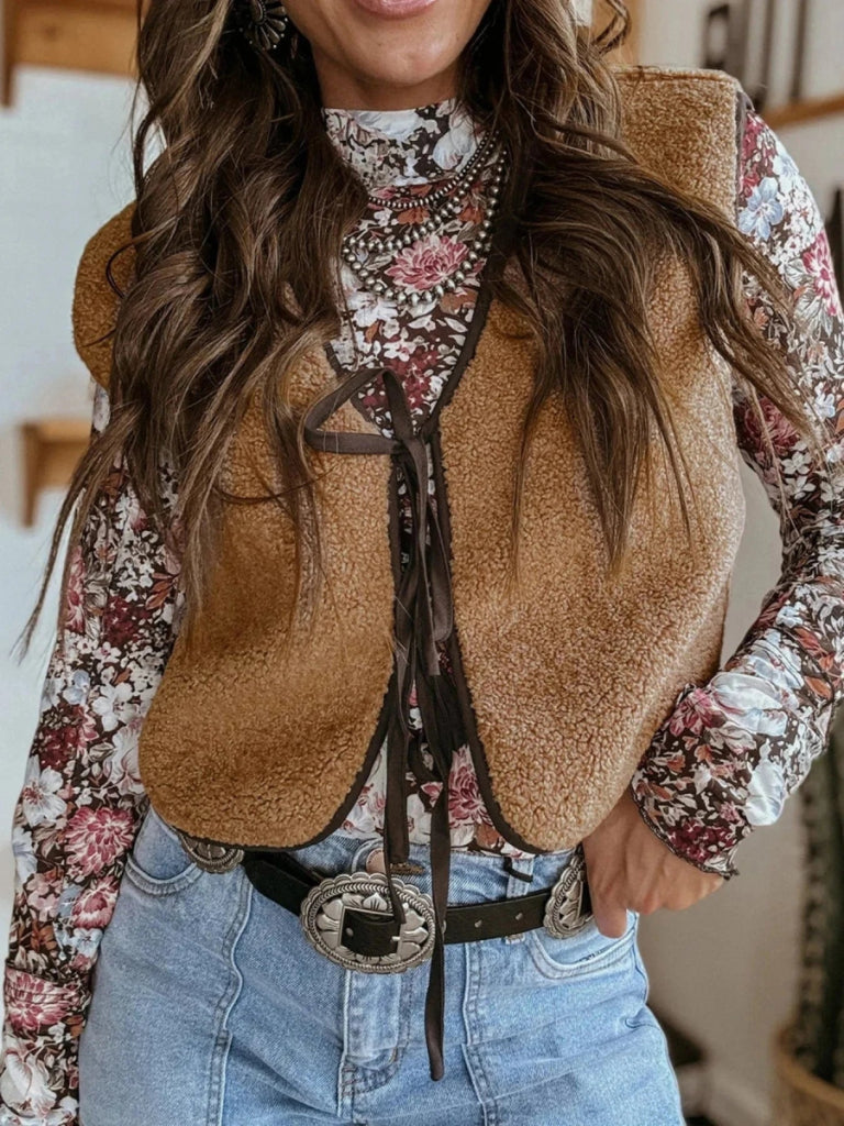 Double Tied Front Vest Coat - Light French Beige by Trendsi from FREYA’S CLOSET