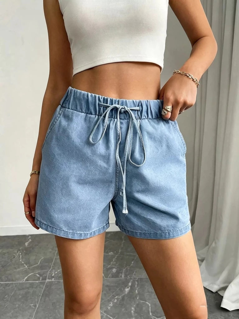 Drawstring High Waist Denim Shorts - Light by Trendsi from FREYA’S CLOSET