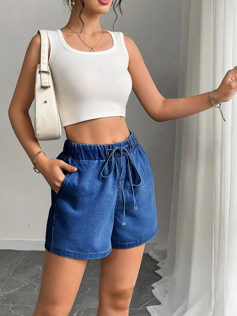 Drawstring High Waist Denim Shorts - Medium by Trendsi from FREYA’S CLOSET