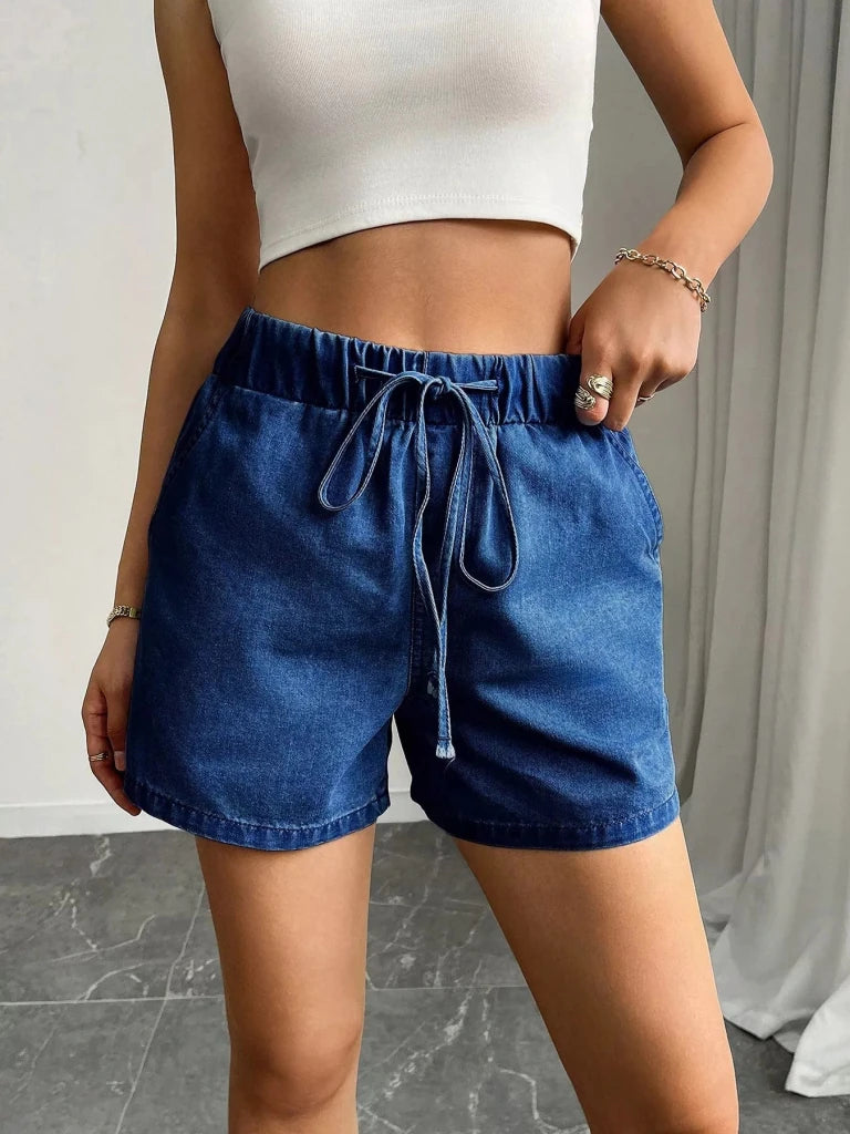 Drawstring High Waist Denim Shorts - Medium by Trendsi from FREYA’S CLOSET