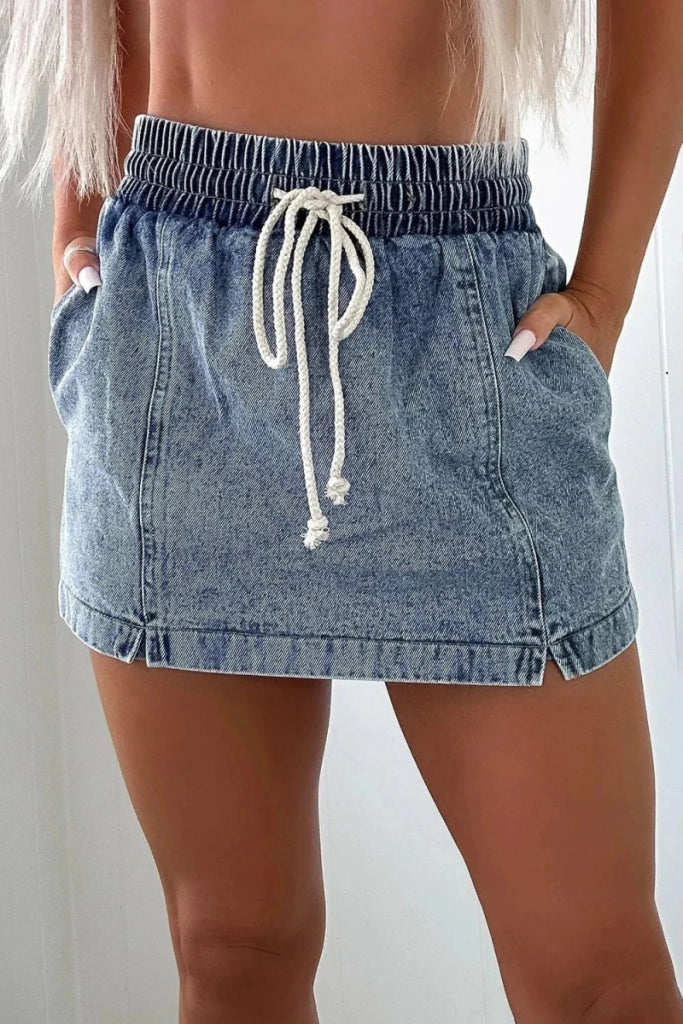 Drawstring High Waist Pocketed Denim Shorts - Medium by Trendsi from FREYA’S CLOSET