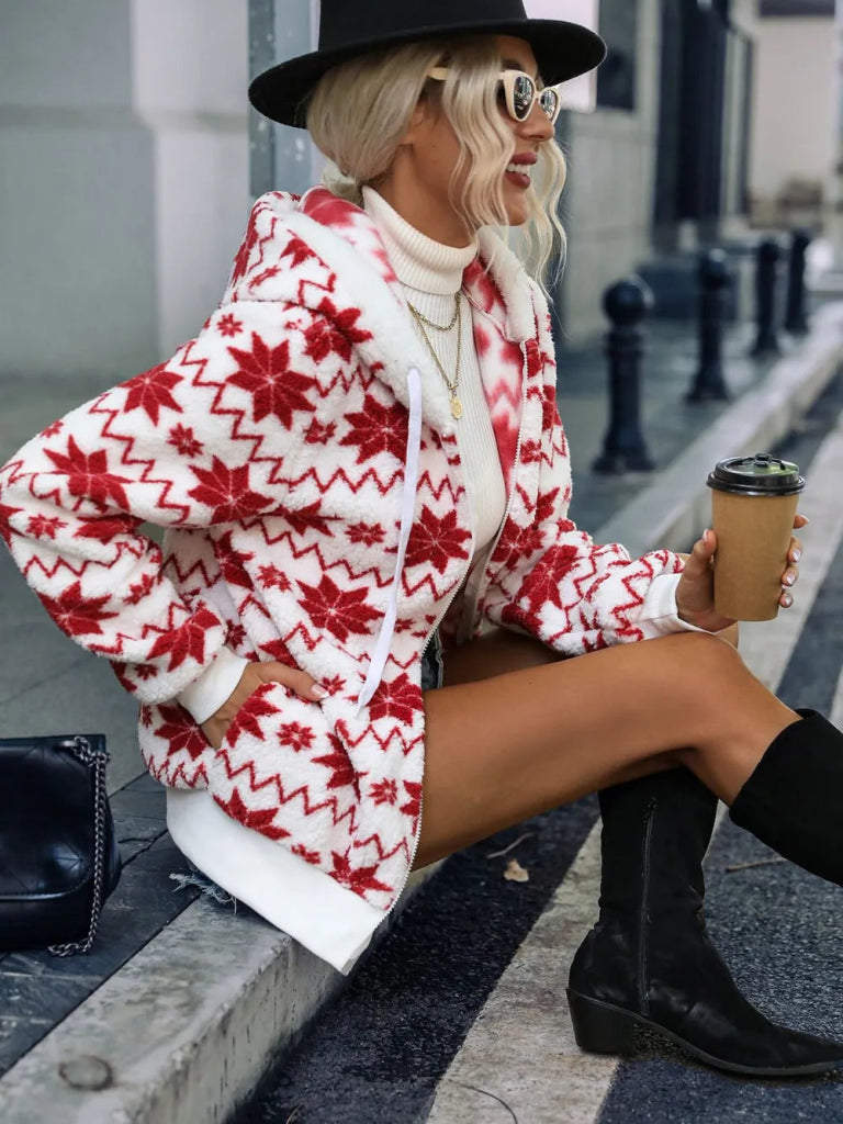 Drawstring Zip Up Hooded Teddy Outerwear - White by Trendsi from FREYA’S CLOSET