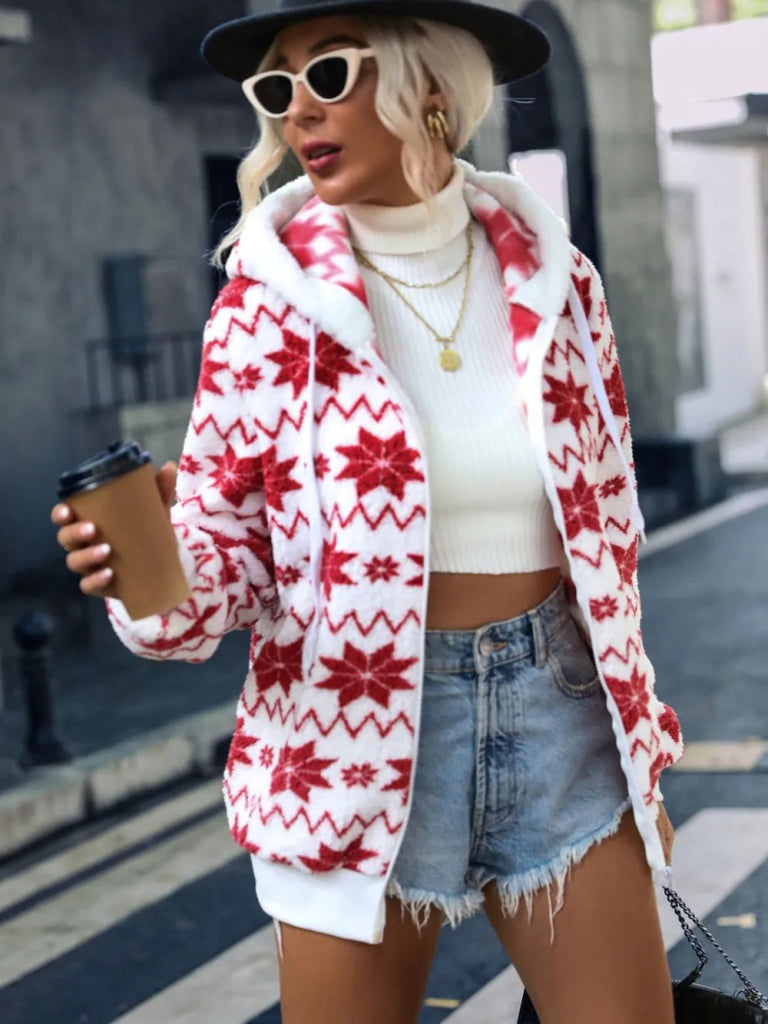 Drawstring Zip Up Hooded Teddy Outerwear - White by Trendsi from FREYA’S CLOSET