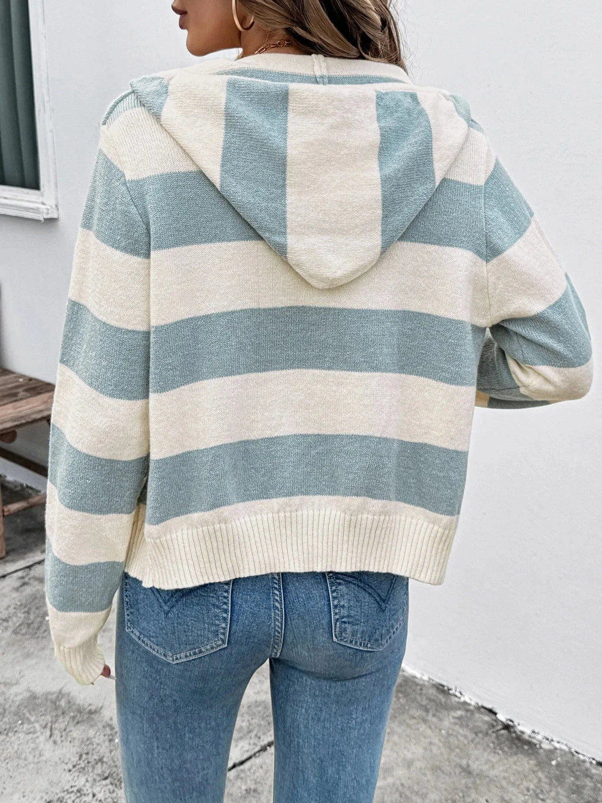 Trendsi Drawstring Zip Up Striped Cardigan