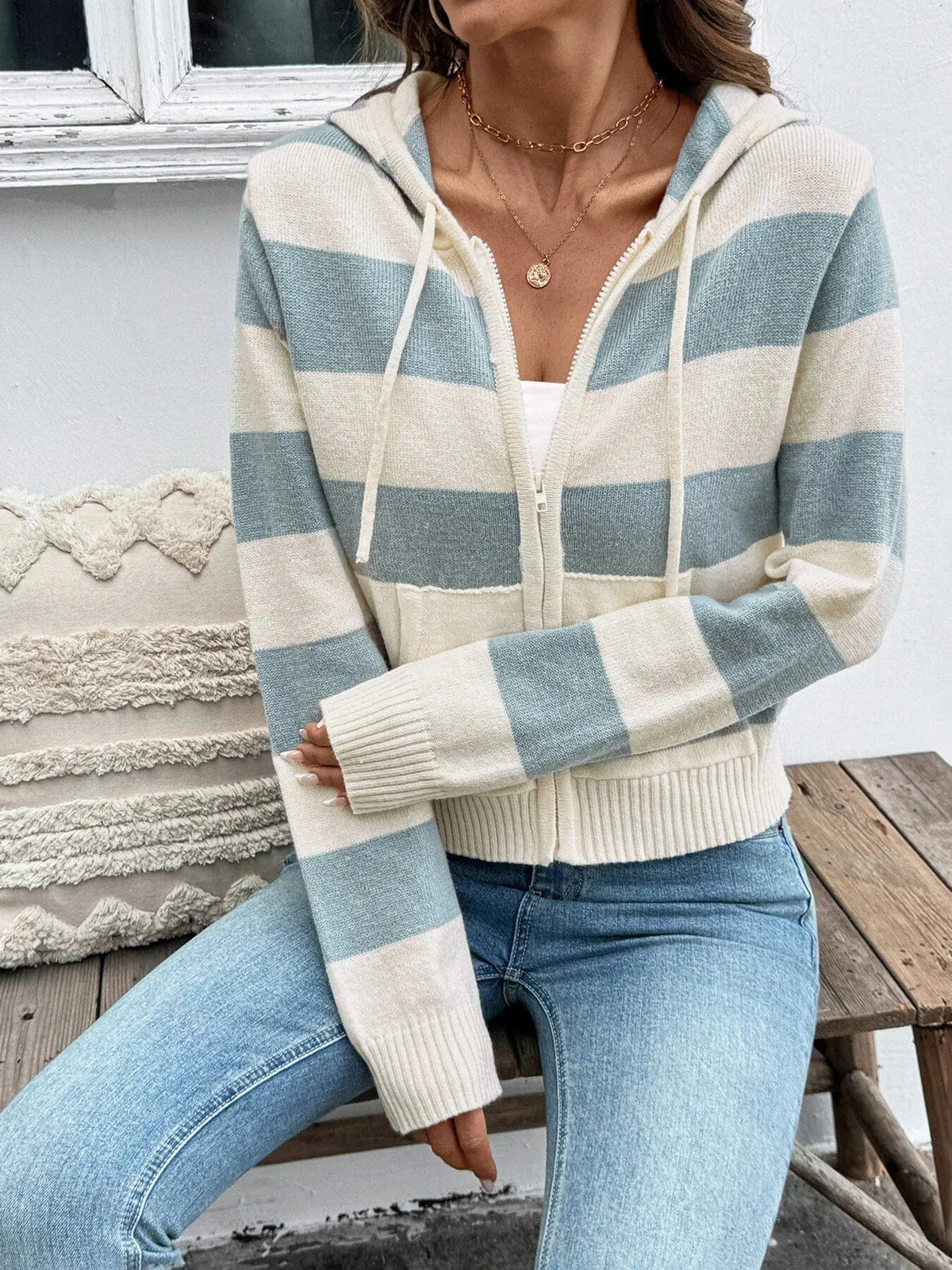 Trendsi Apricot / XS Drawstring Zip Up Striped Cardigan