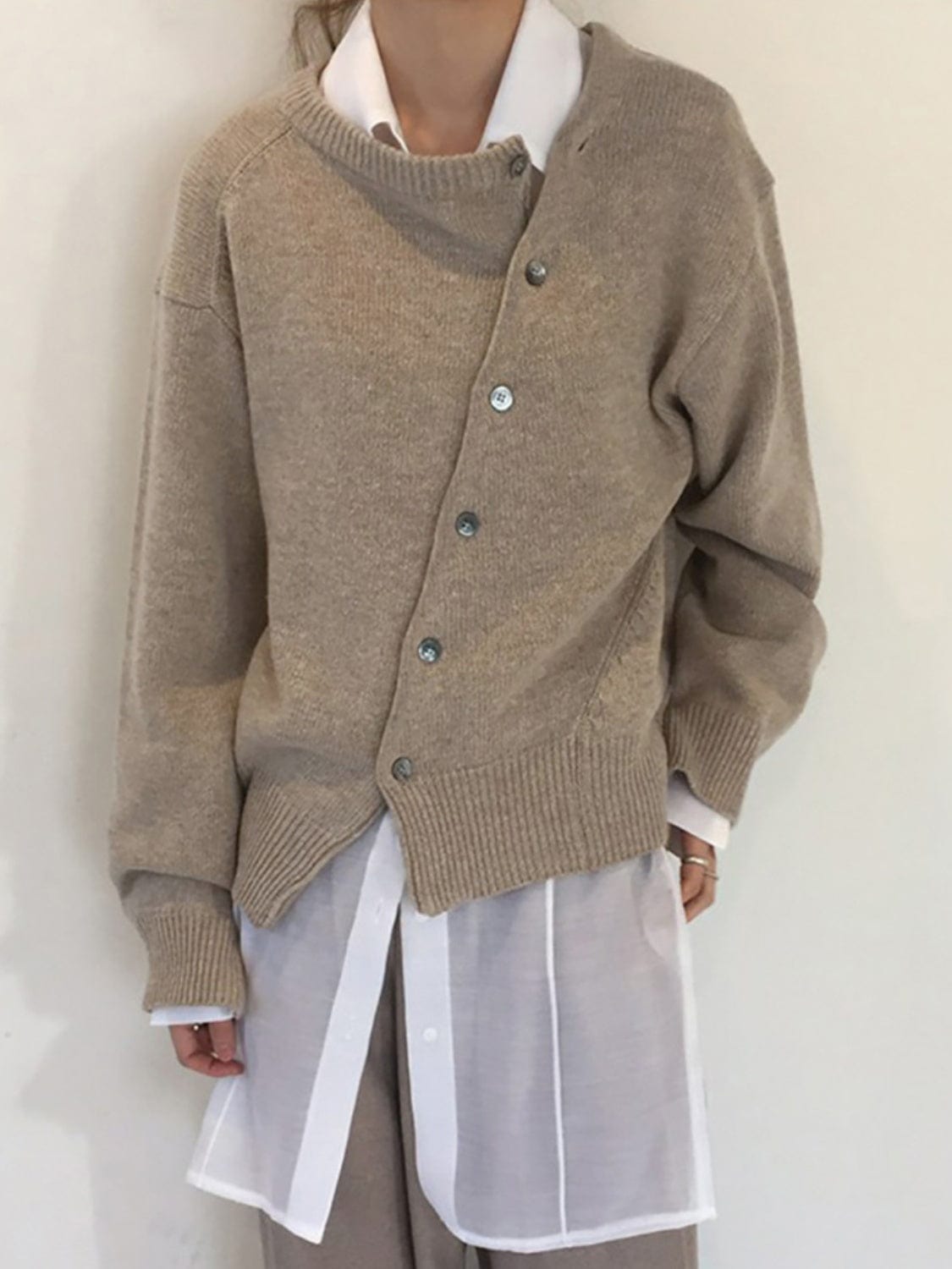 Trendsi Khaki / XS Dropped Shoulder Buttoned Cardigan