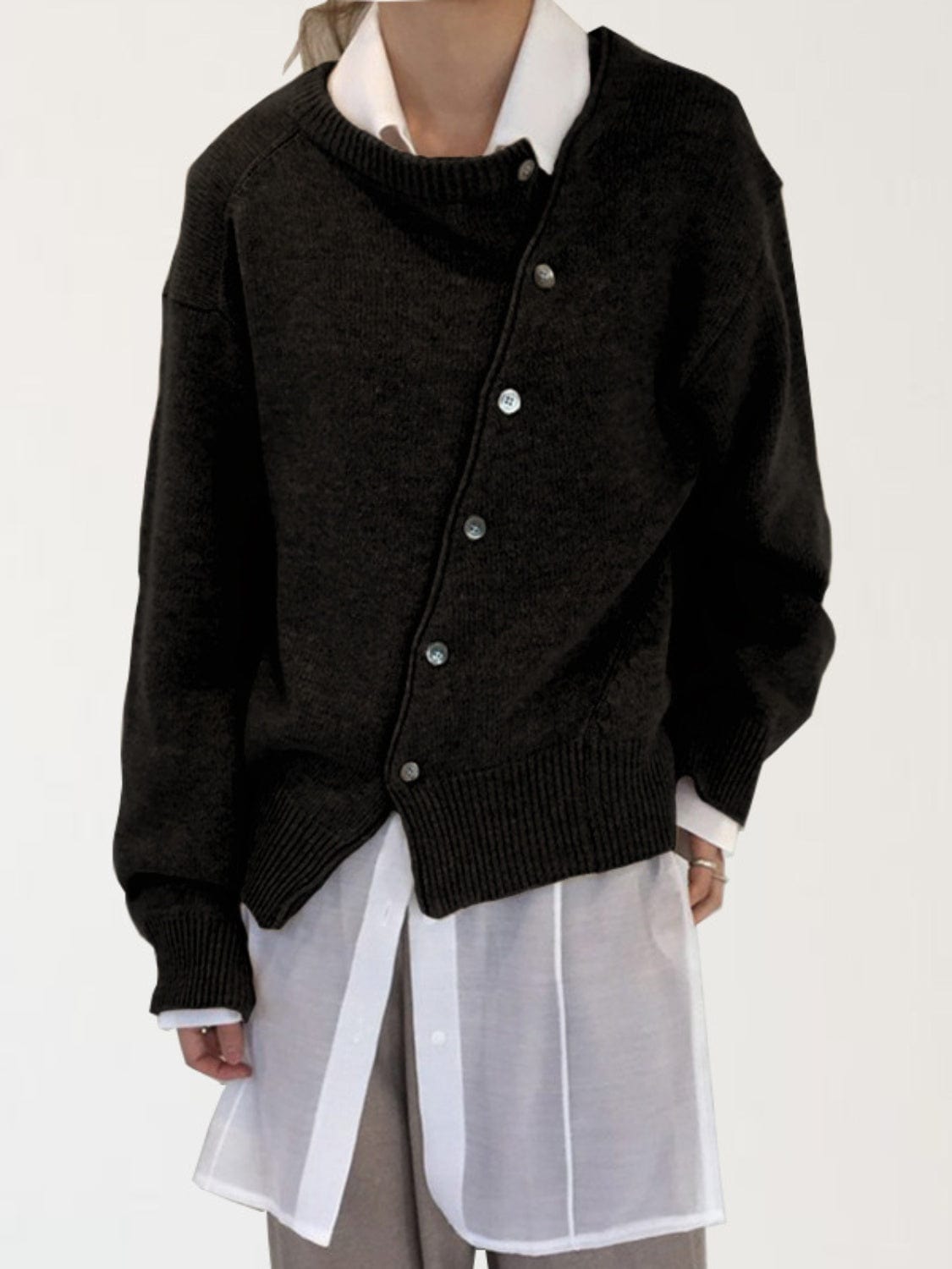Trendsi Black / XS Dropped Shoulder Buttoned Cardigan