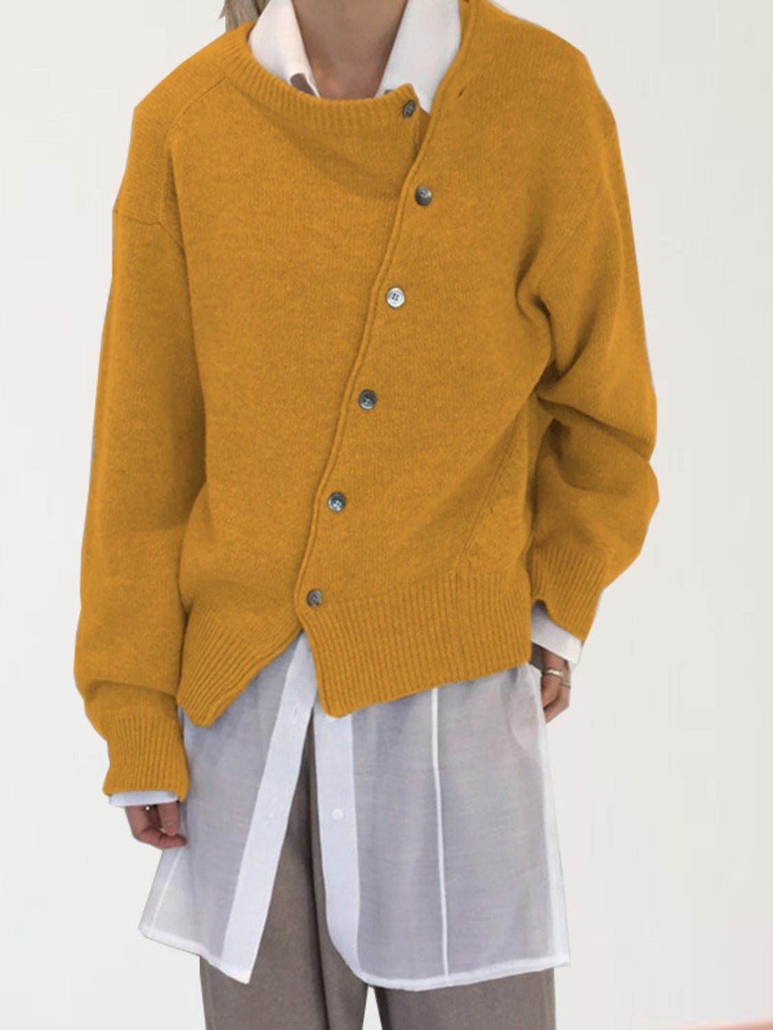 Trendsi Mustard / XS Dropped Shoulder Buttoned Cardigan