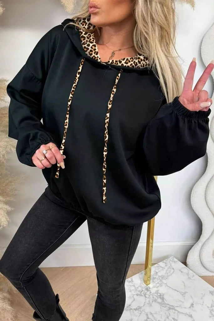 Elastic Cuffs Leopard Contrast Drawstring Hoodie - Black by Trendsi from FREYA’S CLOSET