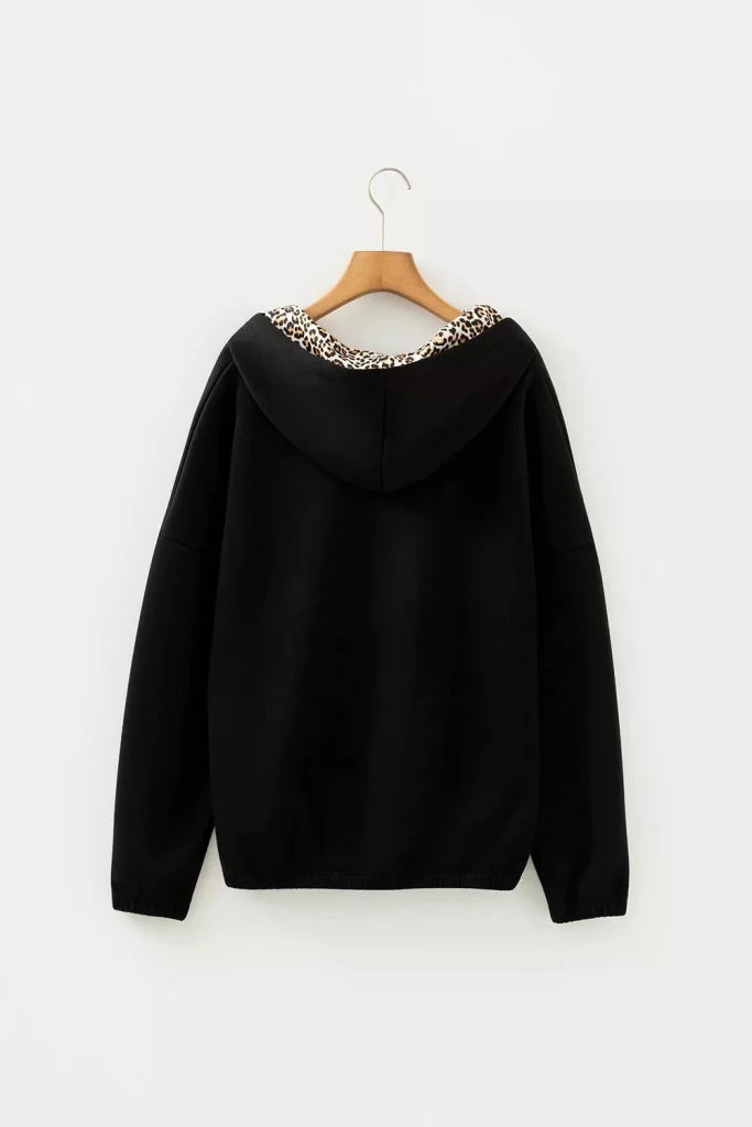 Elastic Cuffs Leopard Contrast Drawstring Hoodie - Black by Trendsi from FREYA’S CLOSET