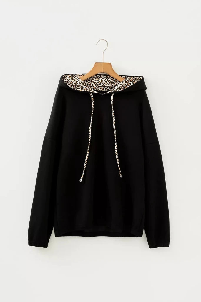 Elastic Cuffs Leopard Contrast Drawstring Hoodie - Black by Trendsi from FREYA’S CLOSET