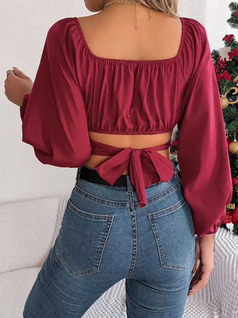Elegant Ruched Long Sleeve Crop Blouse - Dusty Pink by Trendsi from FREYA’S CLOSET