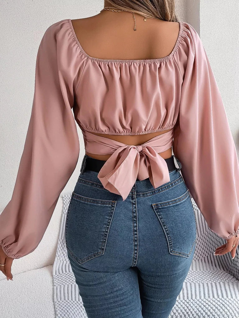 Elegant Ruched Long Sleeve Crop Blouse - Dusty Pink by Trendsi from FREYA’S CLOSET