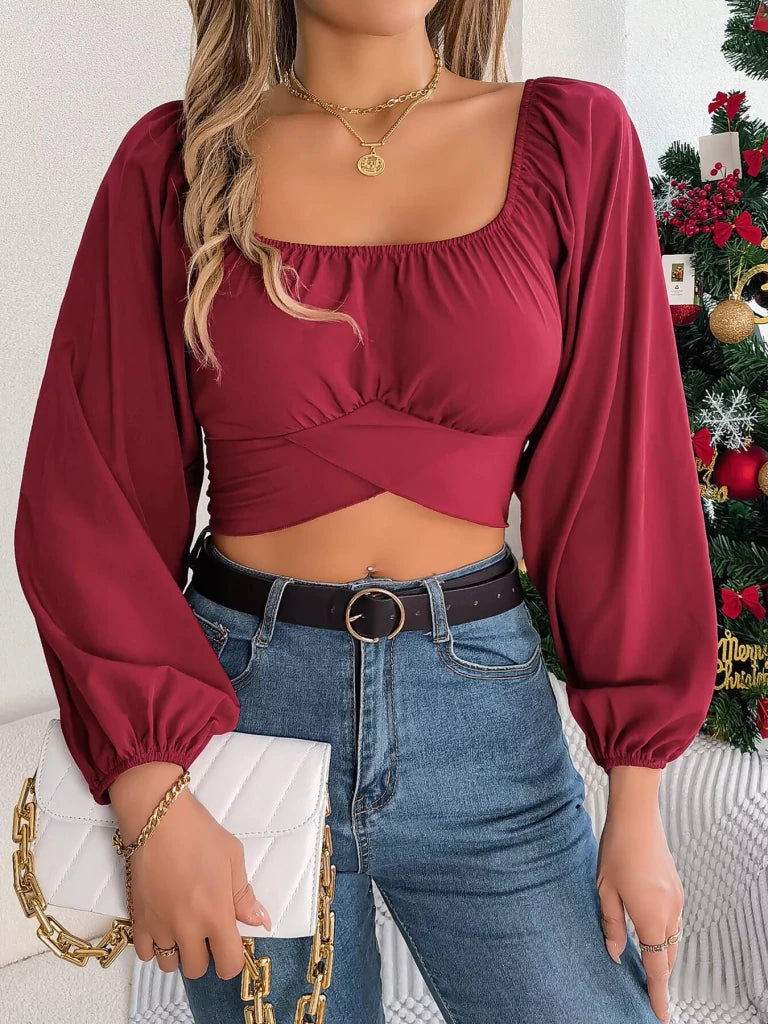 Elegant Ruched Long Sleeve Crop Blouse - Dusty Pink by Trendsi from FREYA’S CLOSET