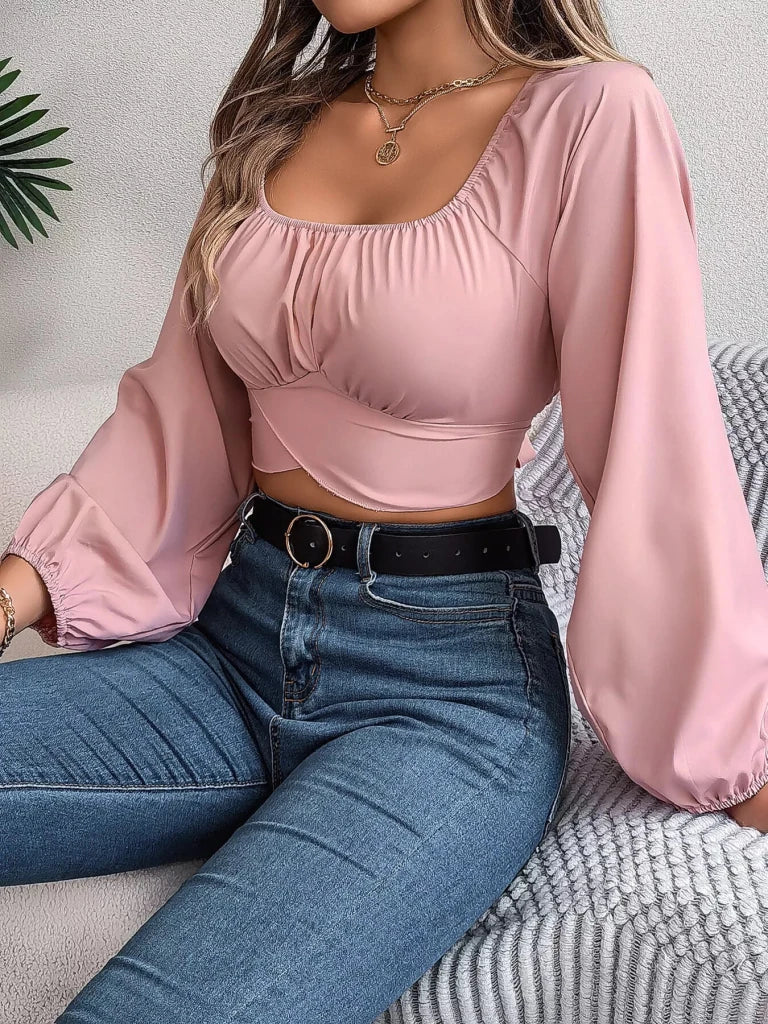 Elegant Ruched Long Sleeve Crop Blouse - Dusty Pink by Trendsi from FREYA’S CLOSET