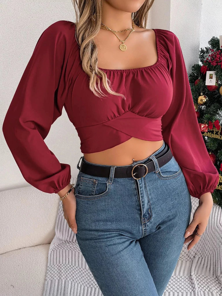 Elegant Ruched Long Sleeve Crop Blouse - Dusty Pink by Trendsi from FREYA’S CLOSET