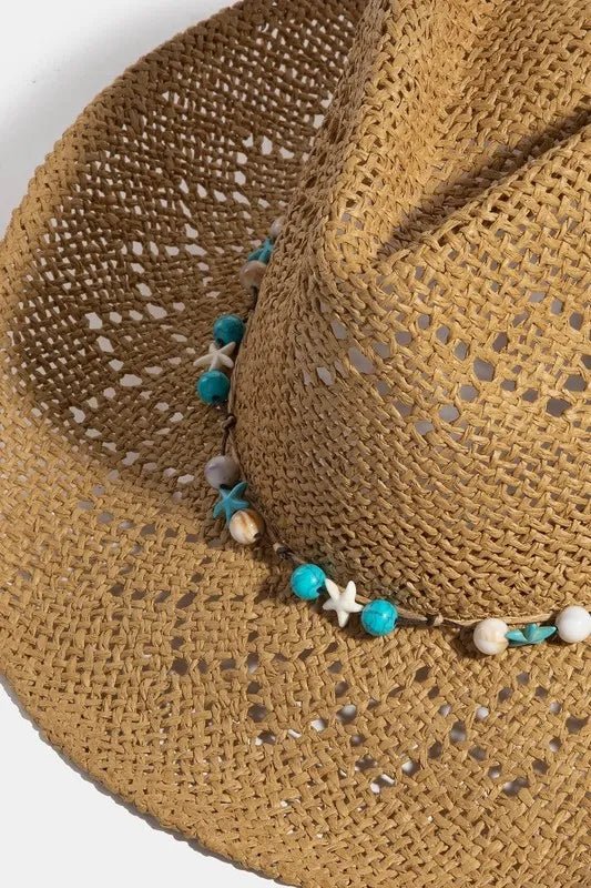 Fame Turquoise and Shell Star Beads Strap Western Straw Hat - KA by Trendsi from FREYA’S CLOSET