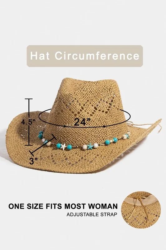 Fame Turquoise and Shell Star Beads Strap Western Straw Hat - KA by Trendsi from FREYA’S CLOSET