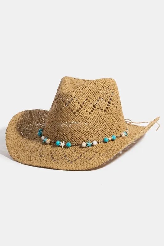 Fame Turquoise and Shell Star Beads Strap Western Straw Hat - KA by Trendsi from FREYA’S CLOSET