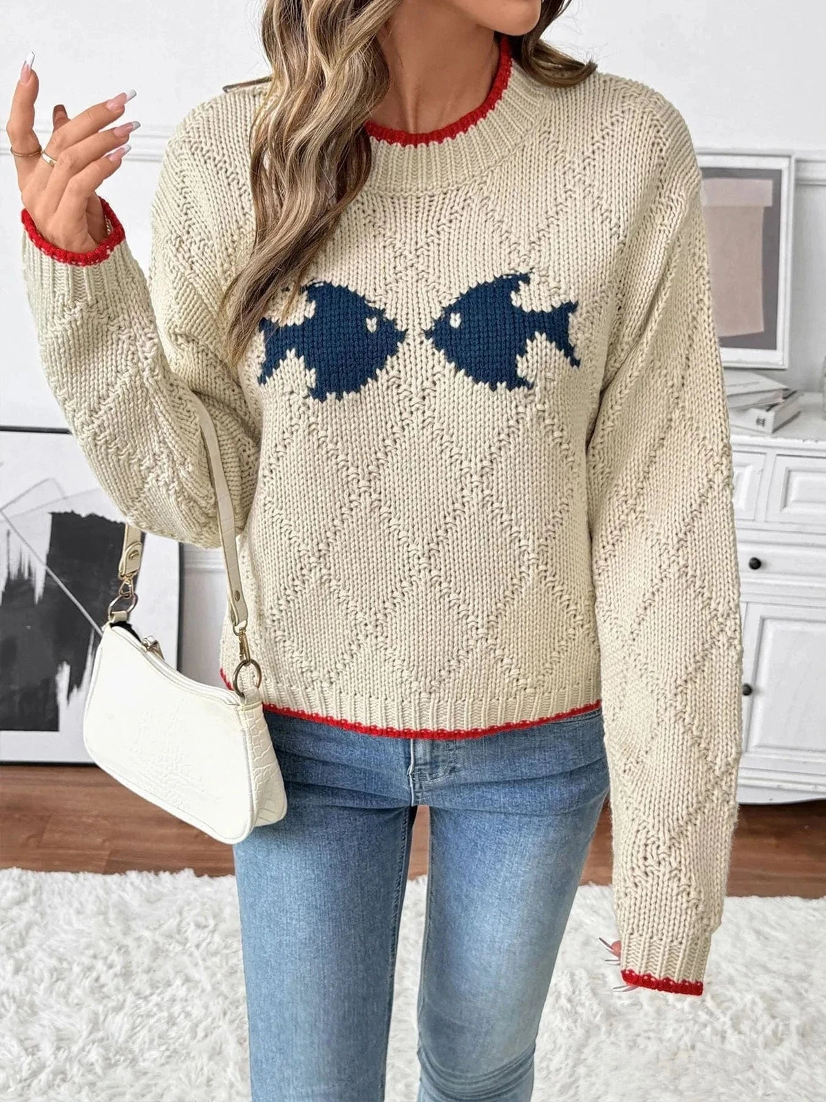 Trendsi Fish Pattern Round Neck Sweater
