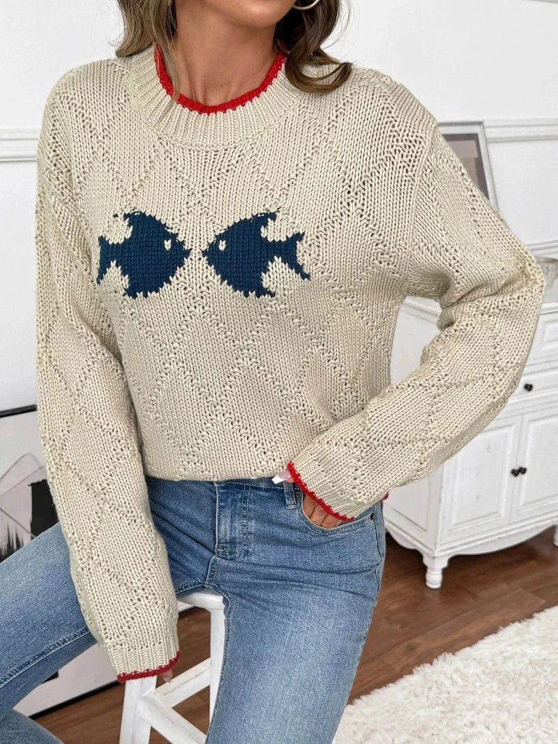 Trendsi Fish Pattern Round Neck Sweater