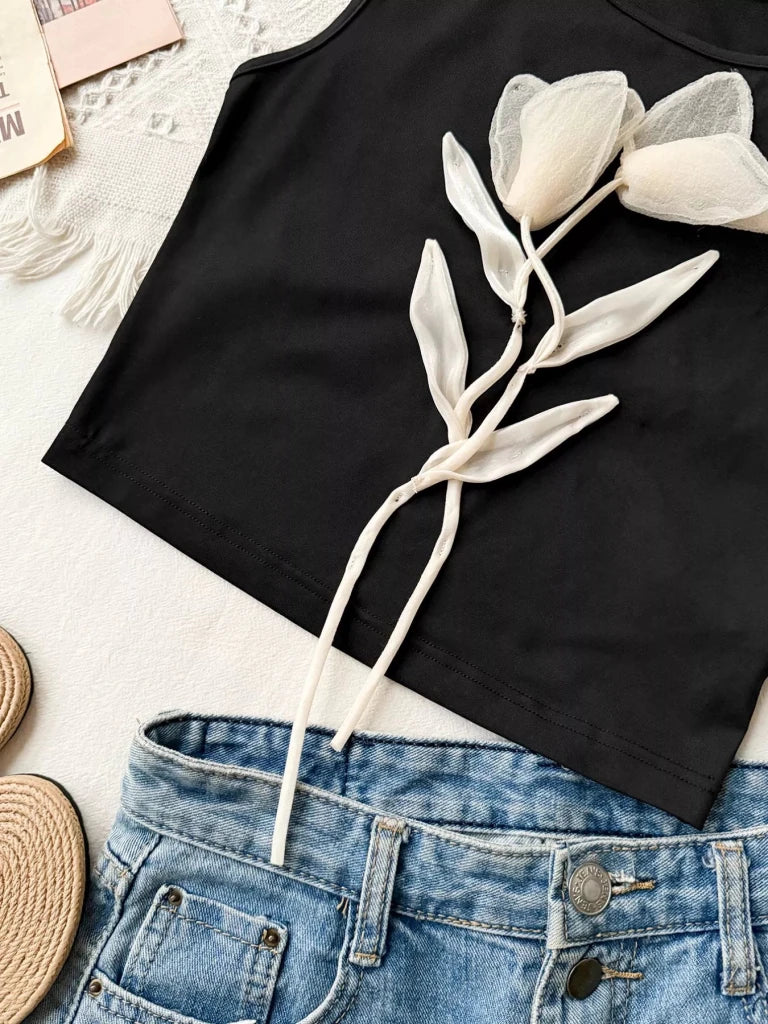 Floral Applique Round Neck Tank Top - Black by Trendsi from FREYA’S CLOSET