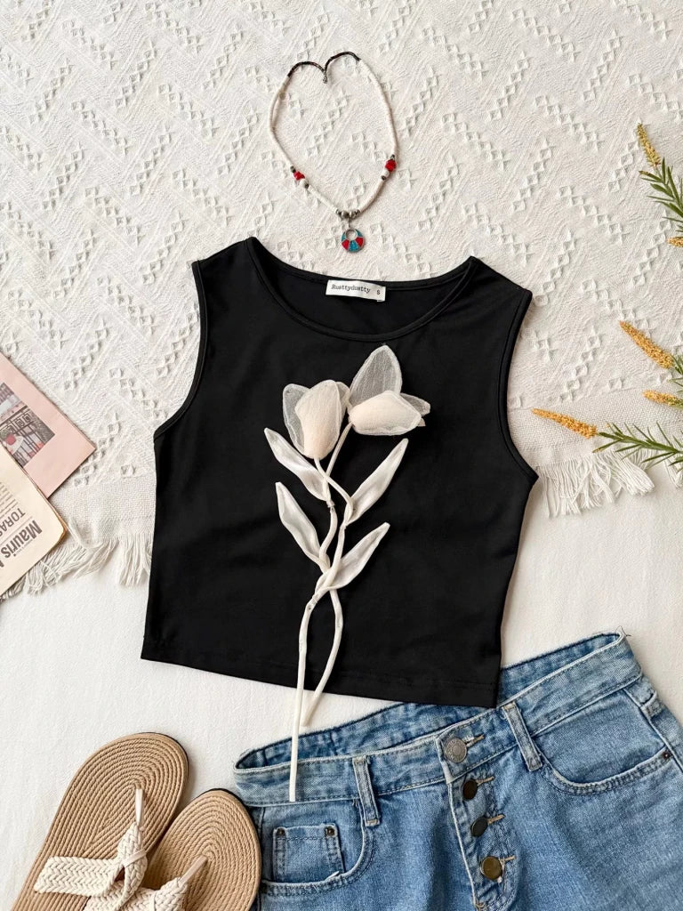 Floral Applique Round Neck Tank Top - Black by Trendsi from FREYA’S CLOSET