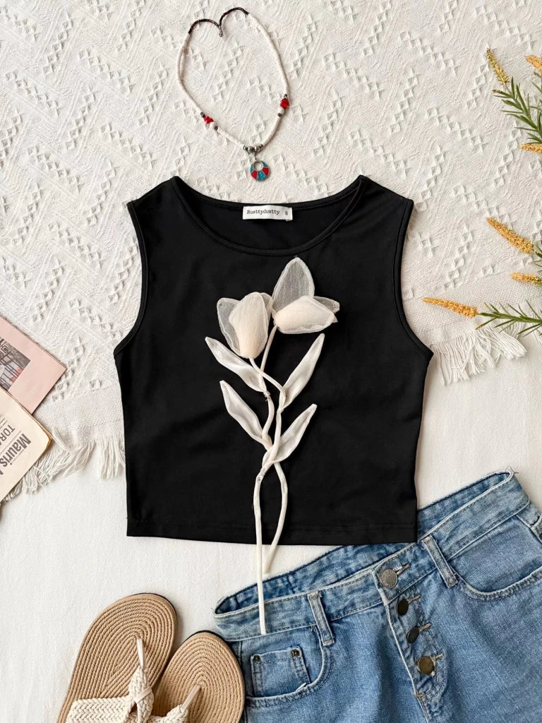 Floral Applique Round Neck Tank Top - Black by Trendsi from FREYA’S CLOSET