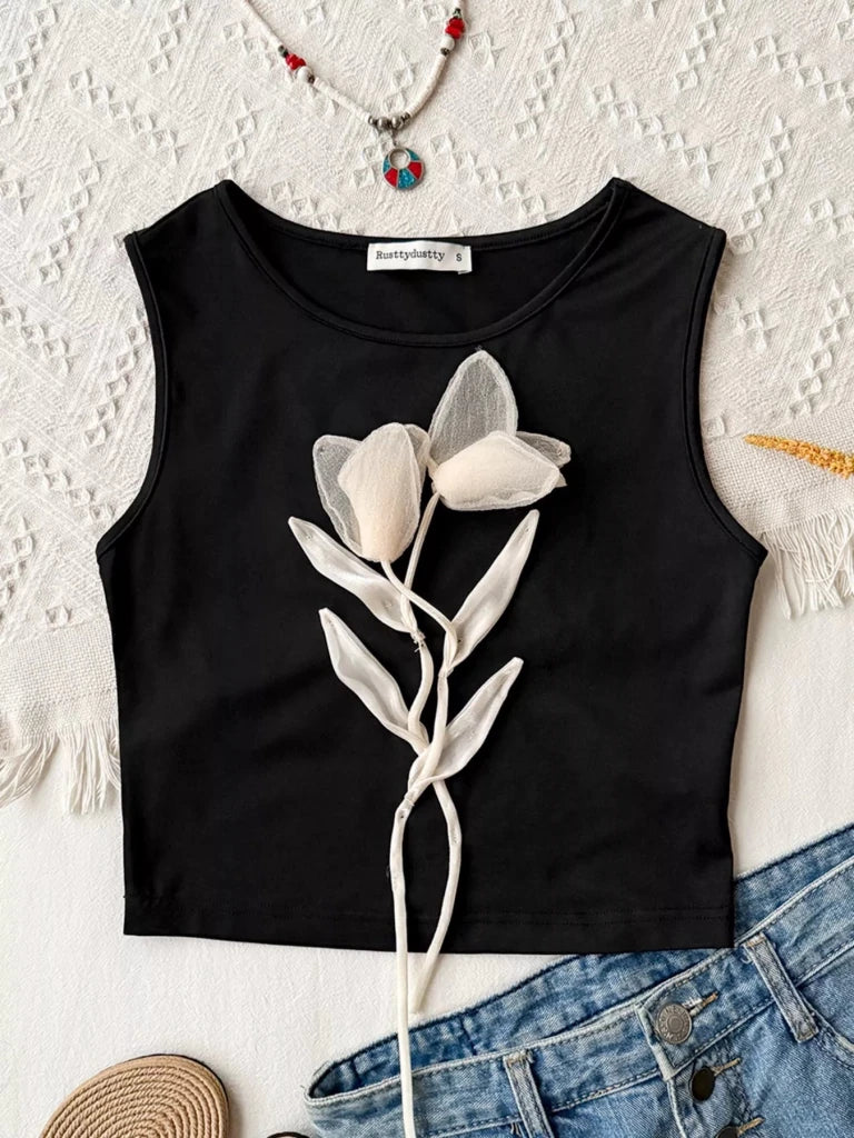 Floral Applique Round Neck Tank Top - Black by Trendsi from FREYA’S CLOSET