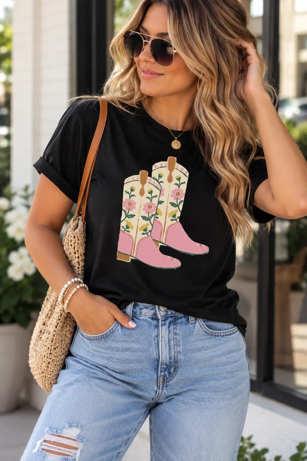 Floral Cowgirl Boots Graphic T-Shirt styled in a boutique lifestyle look