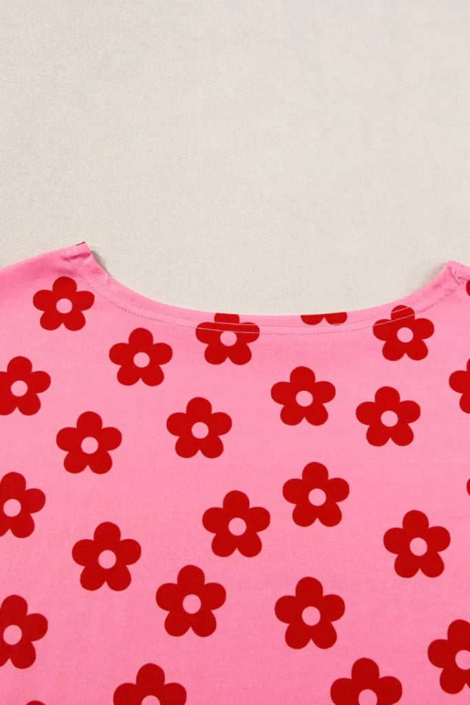 Coral floral cropped tee and shorts lounge set, view 8