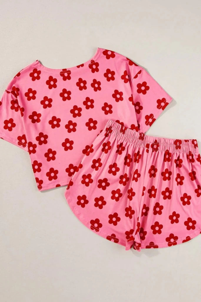 Coral floral cropped tee and shorts lounge set, view 6