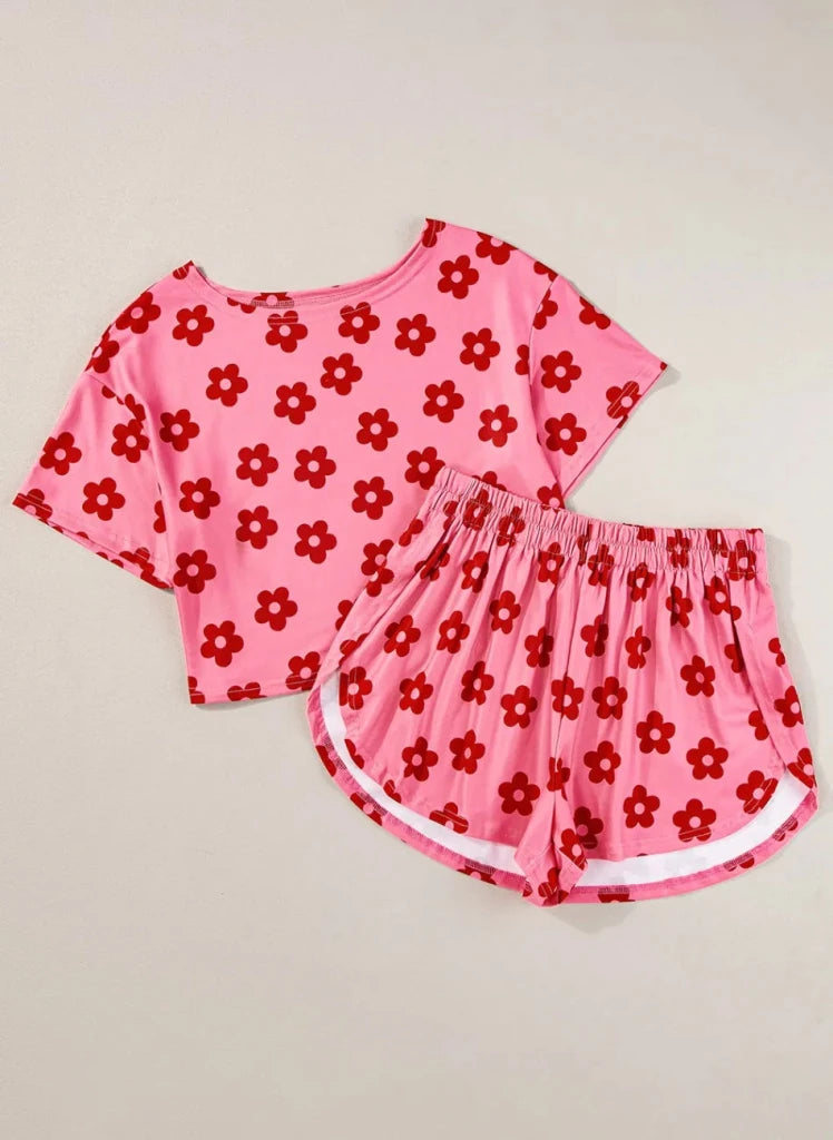 Coral floral cropped tee and shorts lounge set, view 7