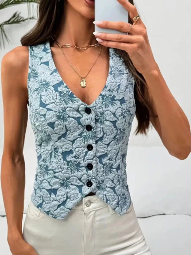 Floral Jacquard Button - Front Vest Coat - Light Blue by Trendsi from FREYA’S CLOSET