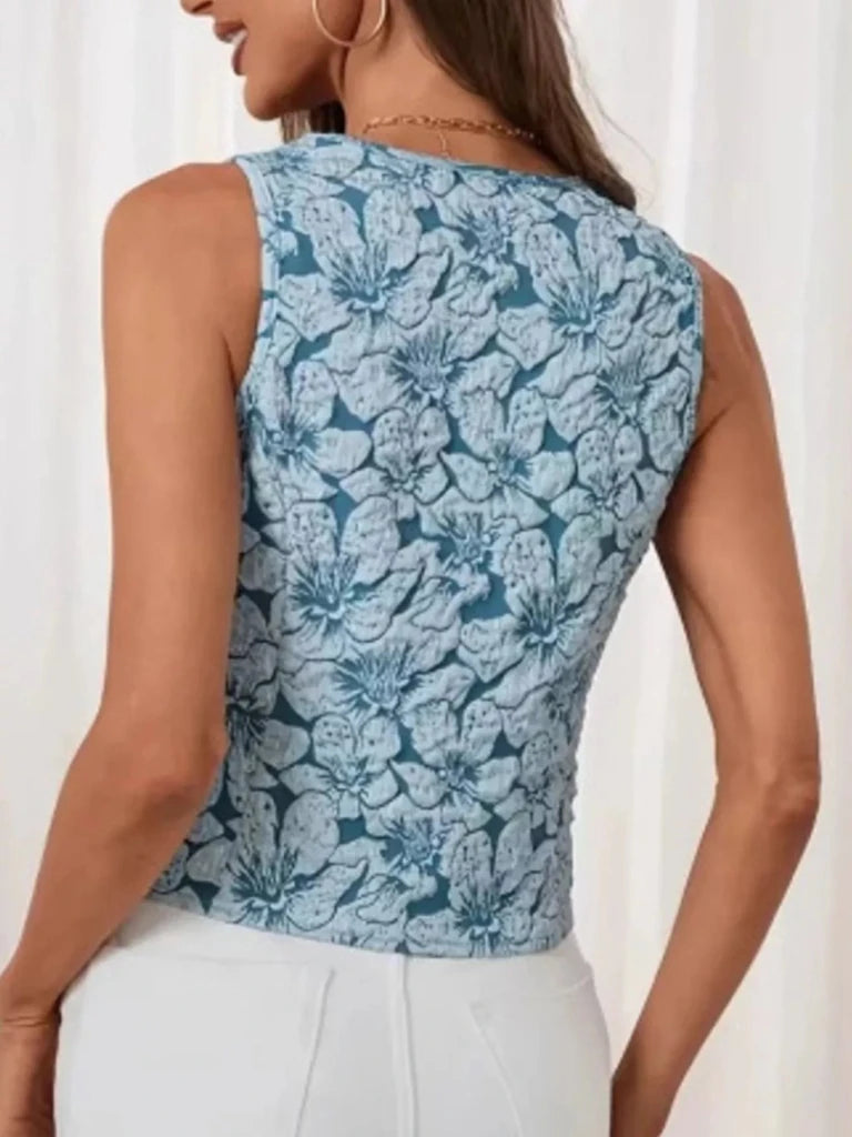 Floral Jacquard Button - Front Vest Coat - Light Blue by Trendsi from FREYA’S CLOSET
